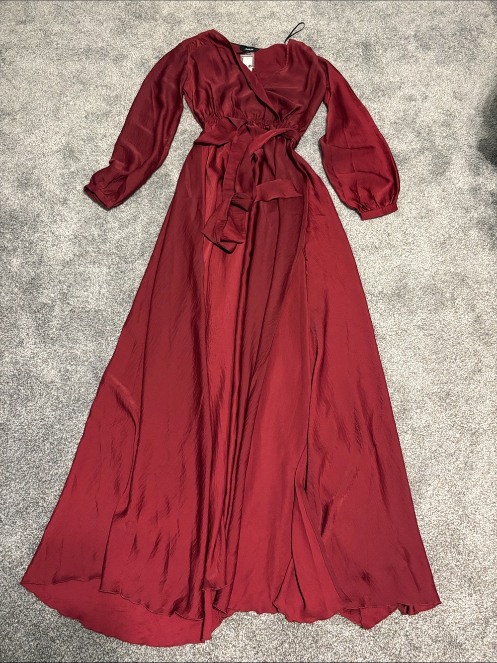 Aakaa Burgundy Red Long Sleeve Wrap Prom Dress
